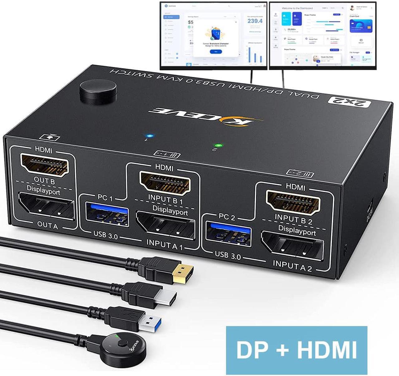 USB 3.0 Dual Monitor KVM Switch Displayport + HDMI 4K @60Hz, 2K @120Hz, 2 Monitors 2 Computers KVM Switch for 2 Computer Share 2 Display and 4 USB3.0 Devices, Wired Remote and 4 Cables Included