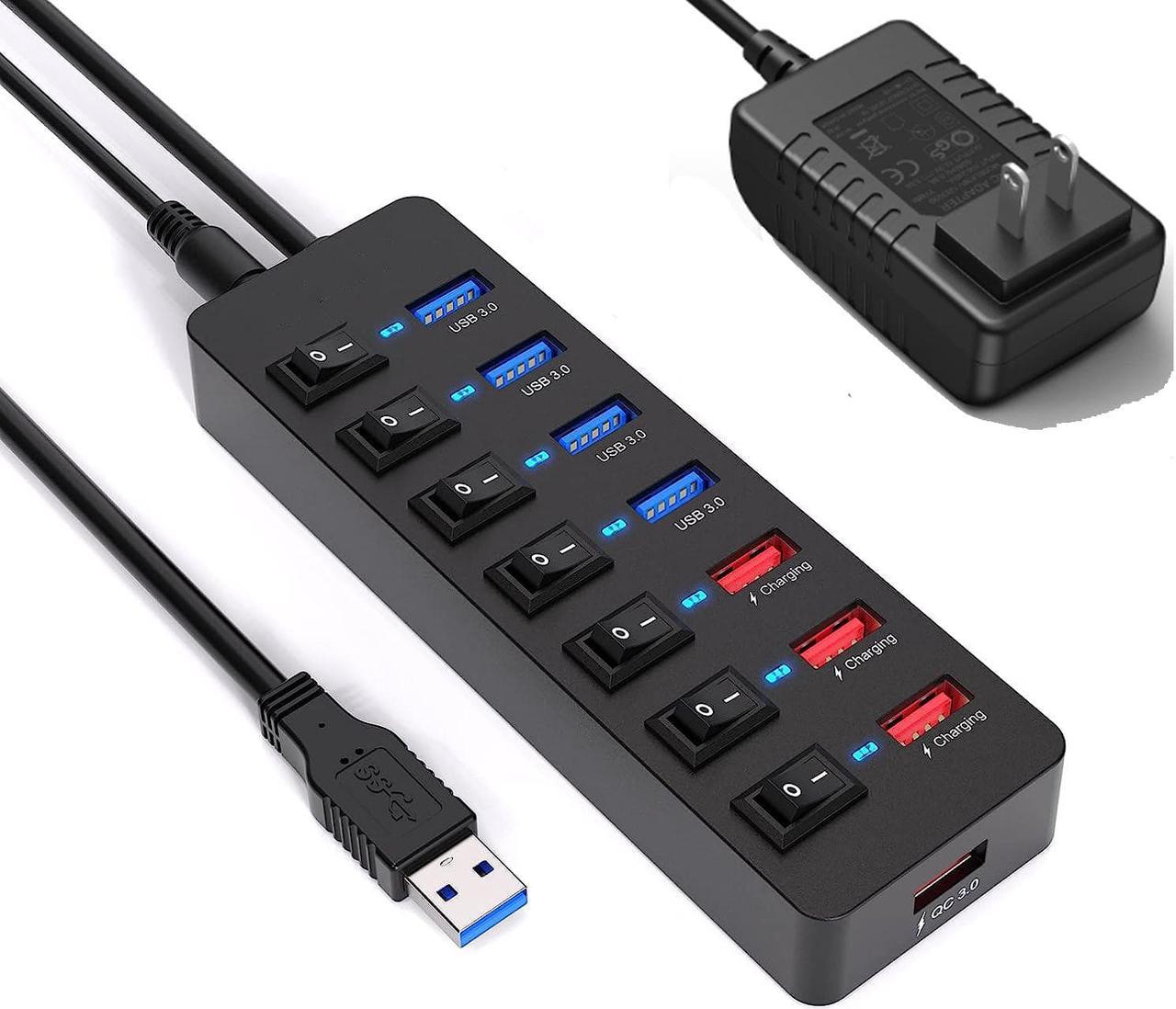 Powered USB 3.0 Hub 36W, AUTYUE 8-Port USB Hub (4 USB 3.0 Data Ports + 4 USB 3.0 Smart Charging Ports), USB Splitter with Individual On/Off Switches and 12V/3A Power Adapter for Mac, Windows, Chrome