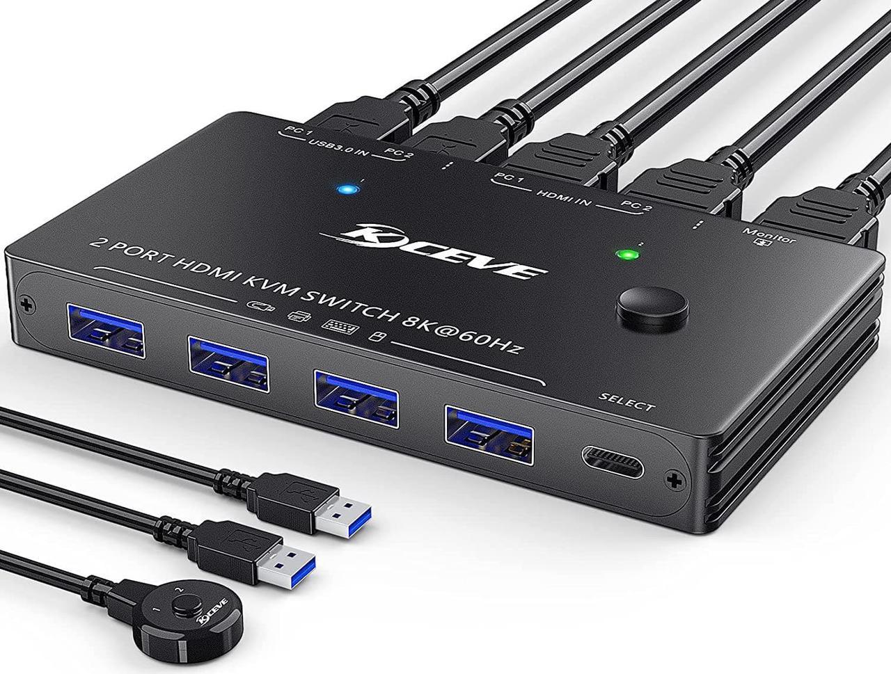 8K USB 3.0 KVM Switch HDMI 2 Port 8K @60Hz 4K @120Hz, HD-MI2.1 KVM Switch for 2 Computers Share 1 Monitor and 4 USB 3.0 Devices, HDCP 2.3, HDR 10, with Wired Remote and 2 USB 3.0 Cable