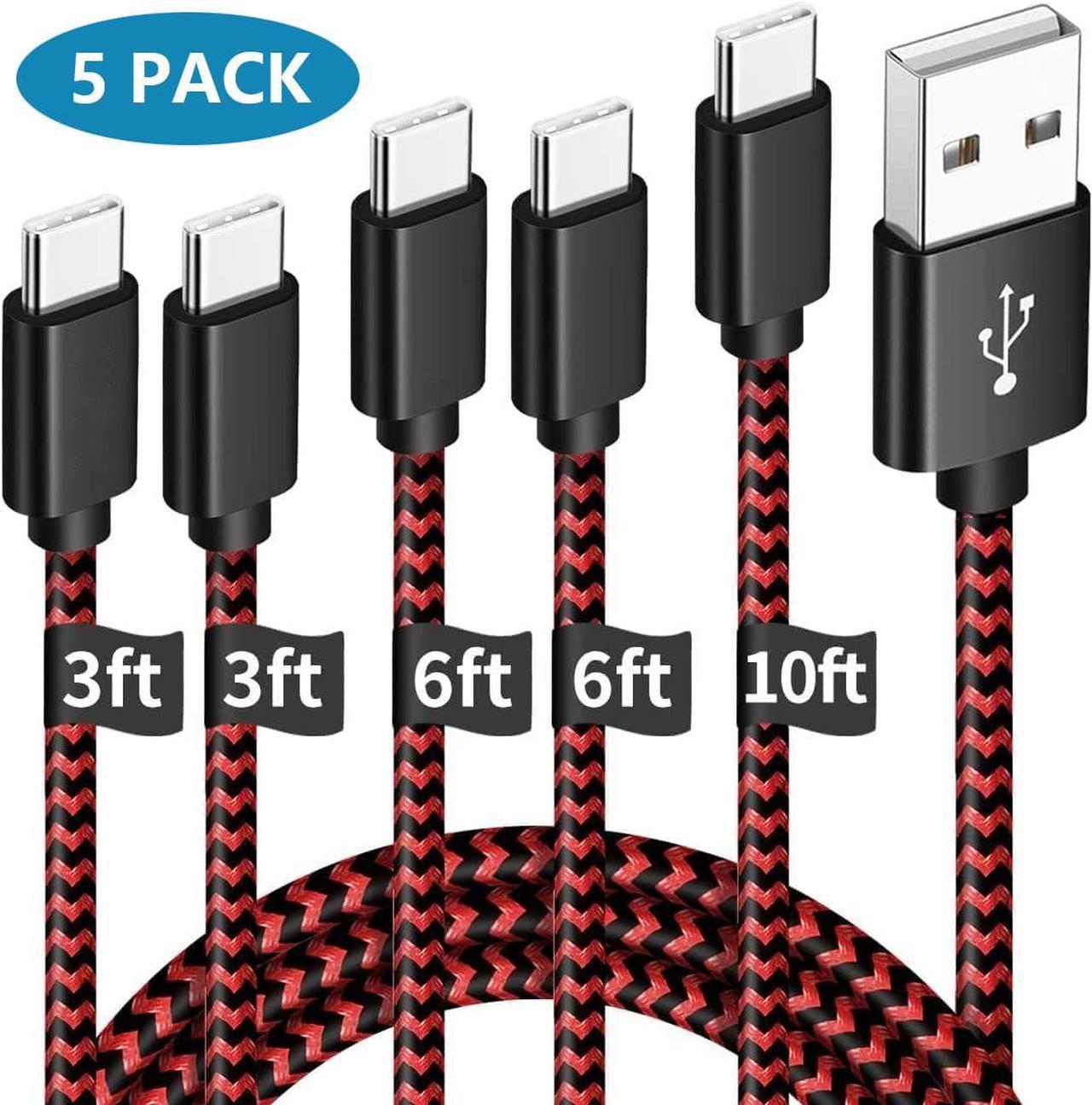 USB C Cable Fast Charging Cable, [5-Pack, 3/3/6/6/10 ft] USB A to Type C Cable Nylon Braided Fast Charger Cord Compatible with Galaxy S10 S10e S9 S8 Plus, Note 9 8 10 etc. Smartphones (Black&Red)