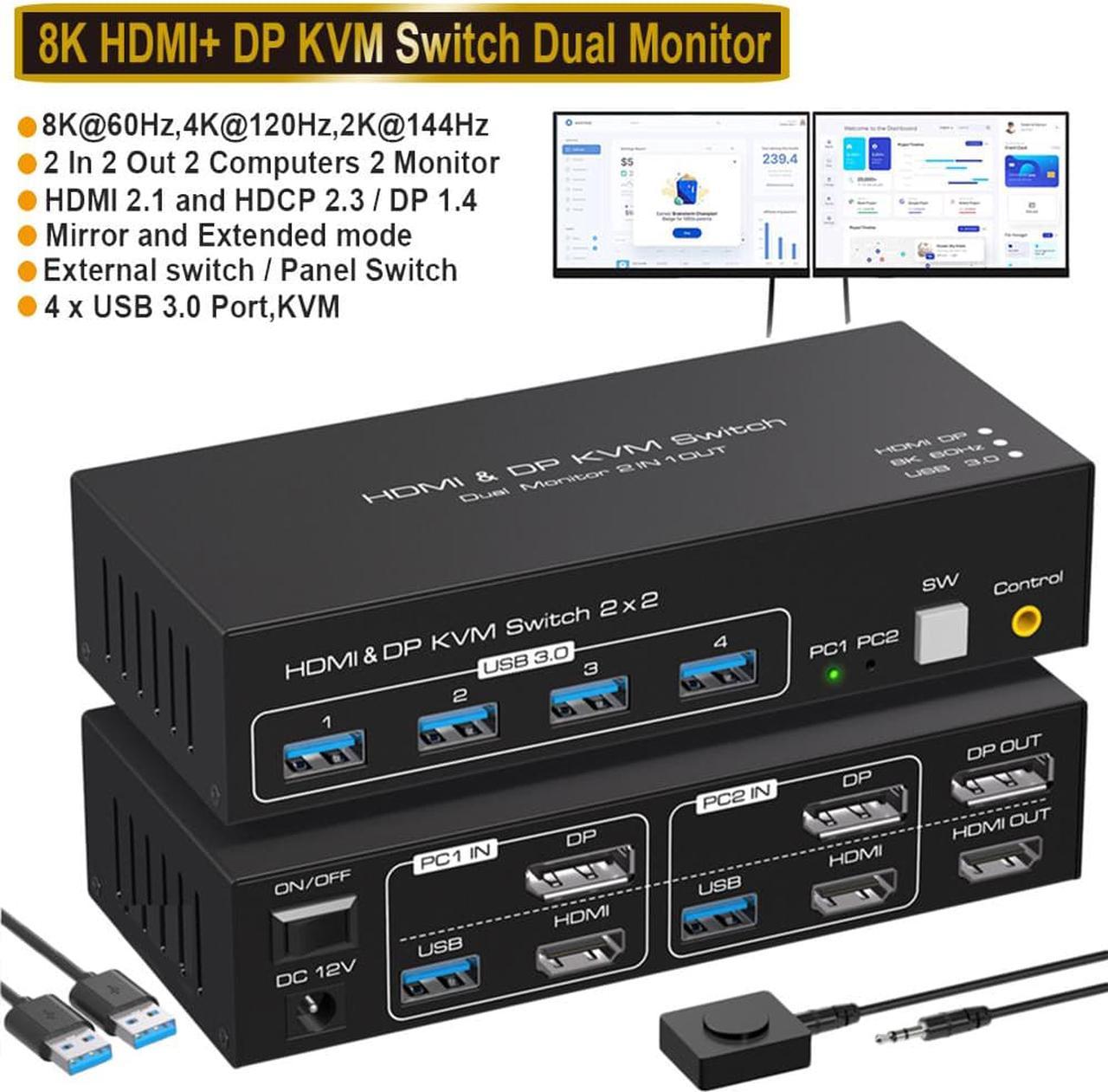 Dual Monitor HDMI + Displayport KVM Switch Support Copy and Extended Display 4k @120hz 8K @60hz USB KVM Switcher 2 in 2 Out for 2 Computers Share 2 Monitor and 4 USB 3.0 Ports with External Controller