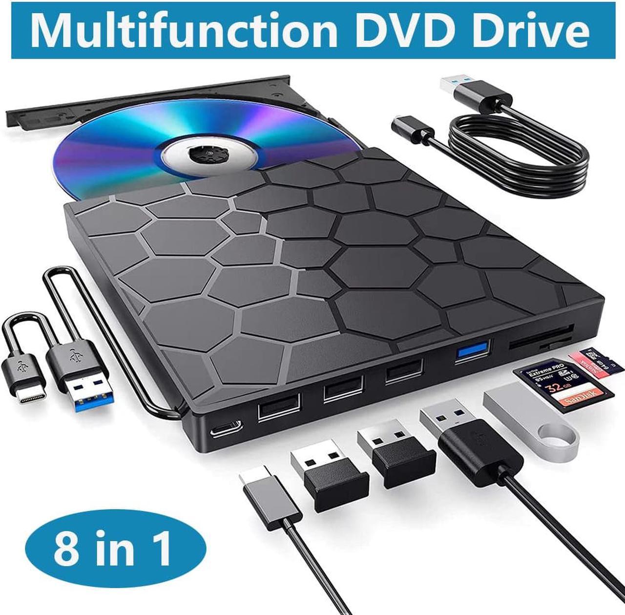 [8 in 1] External CD/DVD Drive for Laptop, USB 3.0 Type C Ultra-Slim Portable DVD Player for Laptop, CD ROM Burner Writer Optical Disk Drive Compatible with Laptop Desktop PC Windows Linux Mac OS