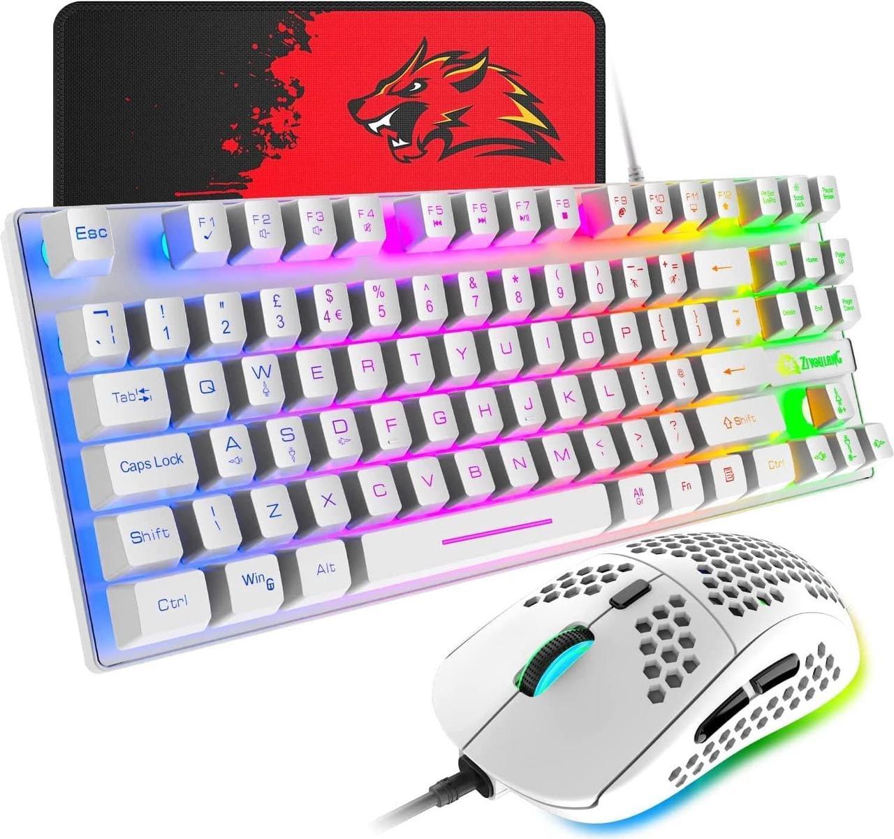 Gaming Keyboard and Mouse Combo,88 Keys Compact Rainbow Backlit Mechanical Feel Keyboard, RGB Backlit 6400 DPI Lightweight Gaming Mouse with Honeycomb Shell for Windows PC Gamers (White)