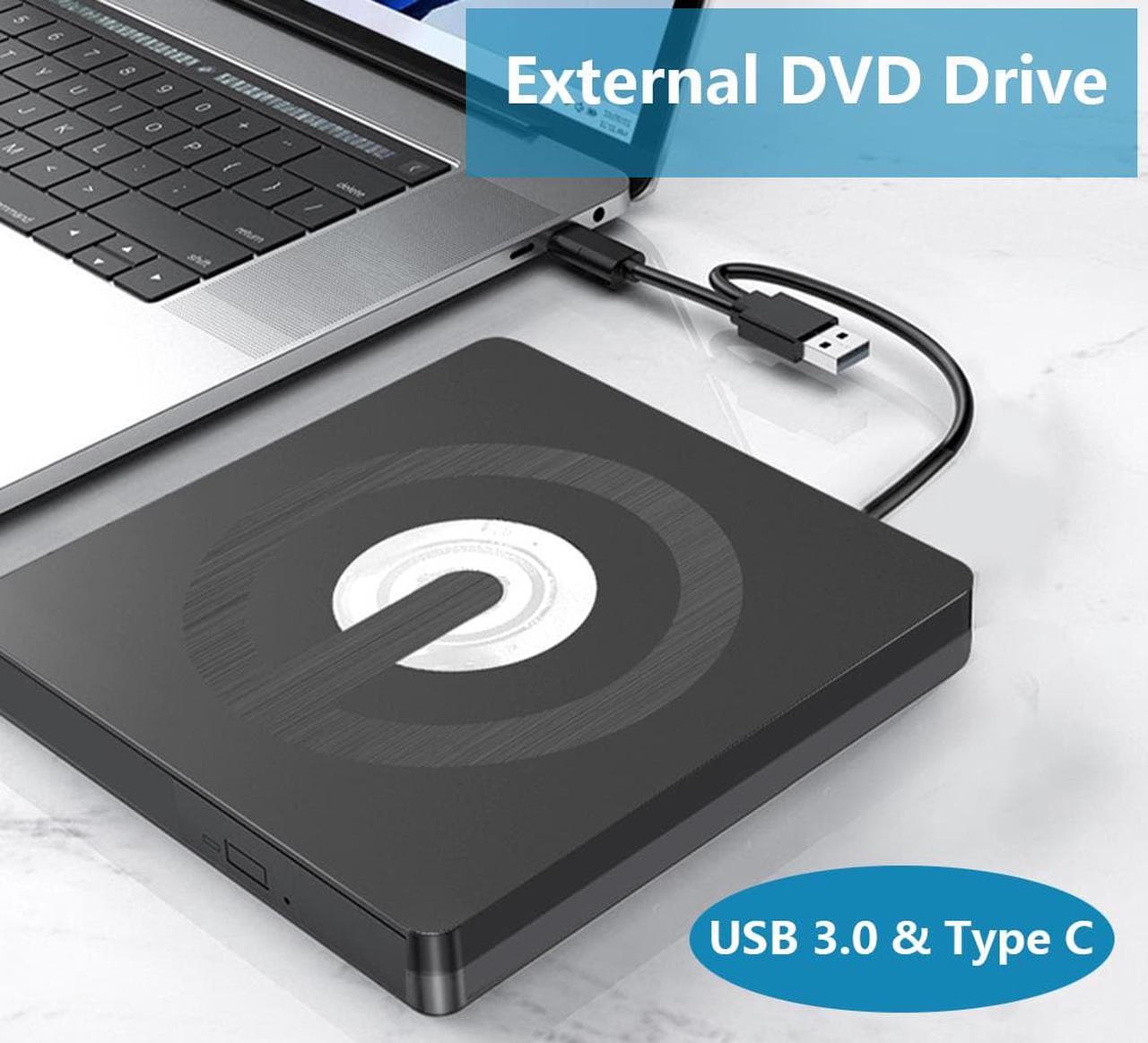 External CD/DVD Drive for Laptop, Type-C & USB 3.0 Portable DVD Player for Laptop, Mute External CD DVD Burner, RW Drive Optical Readers Compatible with Desktop PC Mac Linux Mac Windows (Black)