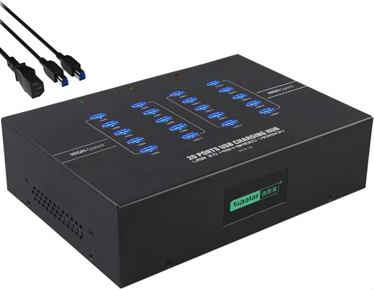 Powered USB Hub 3.0 20 Port USB 3.0 Hub - 5Gbps Sync & High-Speed Data Transfer Multiple USB Splitter with Built-in 5V 40A Power Adapter - Fan & Mounting Brackets for Phone MB Laptop Tablet PC - 110V