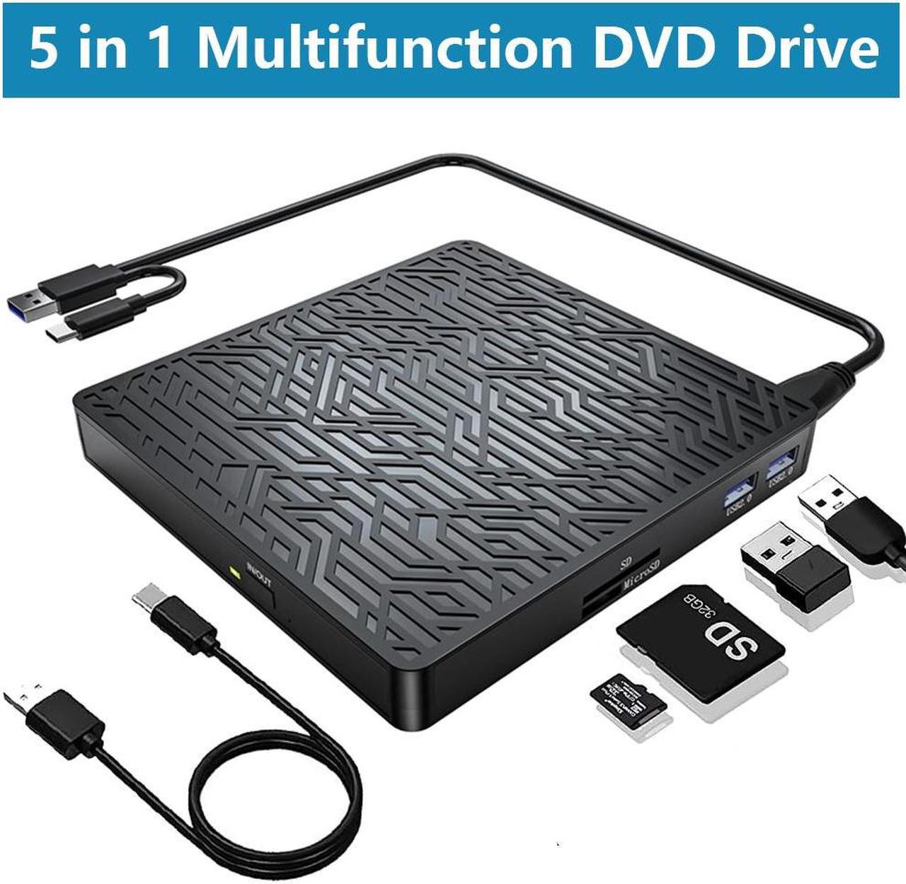 [5-in-1] Multifunction External CD/DVD Drive, USB 3.0 Type-C Portable CD DVD Writer With SD/TF & USB Slots Optical Drive External CD DVD Drive Burner for Windows 7/8/10/XP/Mac OS/Linux