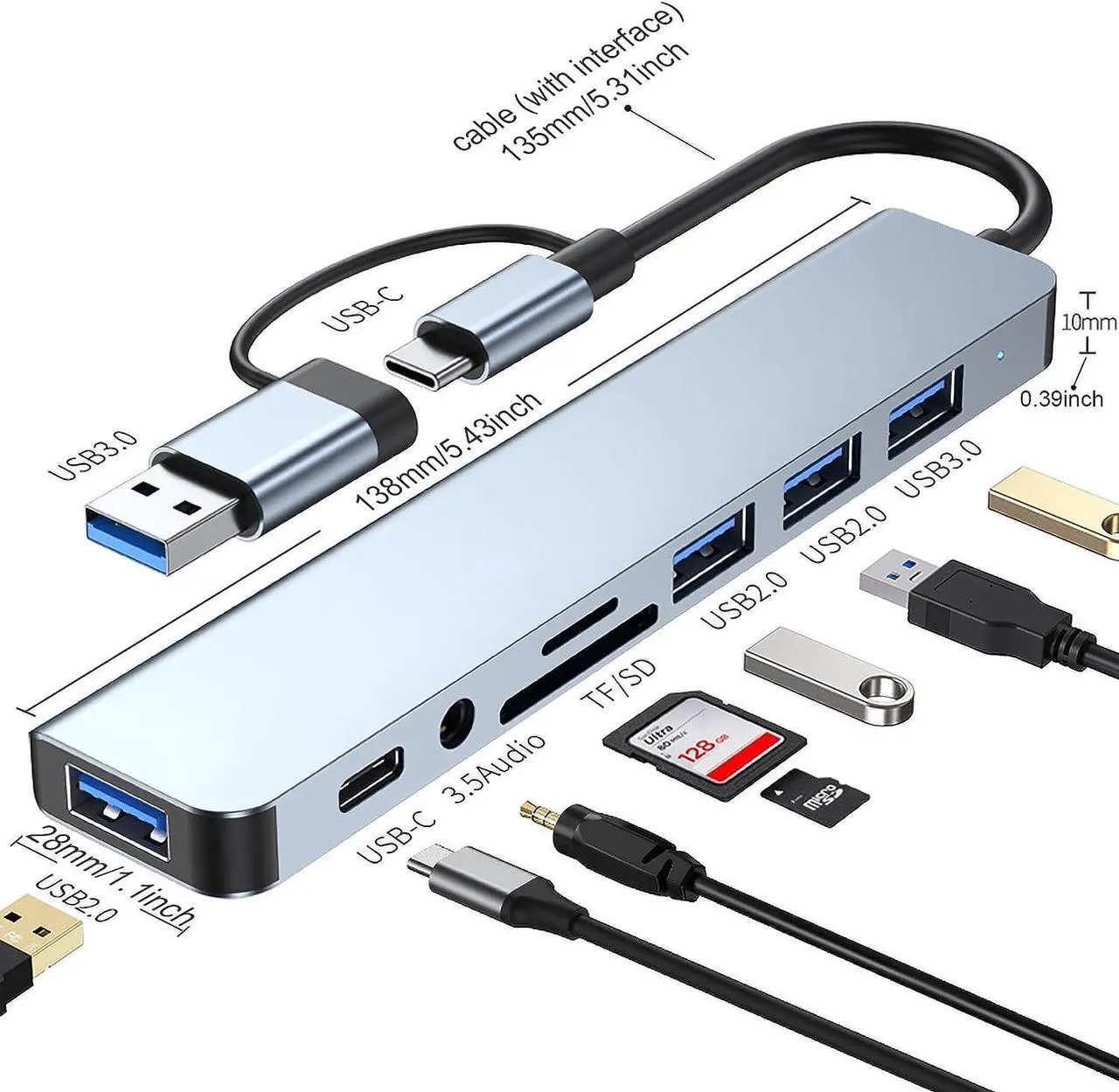 Alt view image 2 of 7 - [8-in-1] USB Hub, USB-C Hub, Multiport USB Adapter with Type C & USB 3.0 2-in-1 Interface, Ultra-Slim USB 3.0 Splitter, Multi Extension with Micro SD and SD Card Reader for Mac-book,PS5,Laptop,Desktop