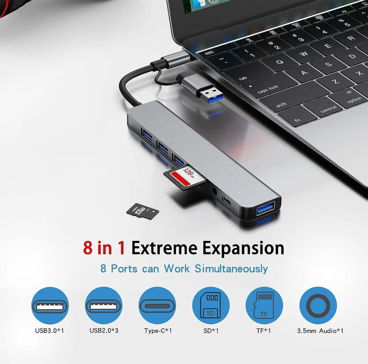 Alt view image 3 of 7 - [8-in-1] USB Hub, USB-C Hub, Multiport USB Adapter with Type C & USB 3.0 2-in-1 Interface, Ultra-Slim USB 3.0 Splitter, Multi Extension with Micro SD and SD Card Reader for Mac-book,PS5,Laptop,Desktop