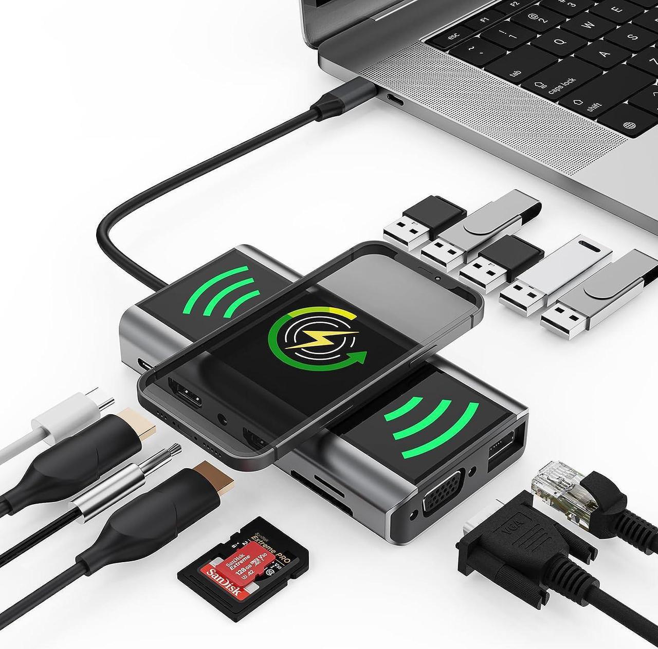 USB C Docking Station Dual Monitor, 14-in-1 Triple Display Laptop Docking Station with Wireless Charging+2 HDMI 4K+VGA+Ethernet+100W PD+SD/TF+Audio+5 USB Work for D-e-l-l/H-P/L-e-n-o-v-o Computer