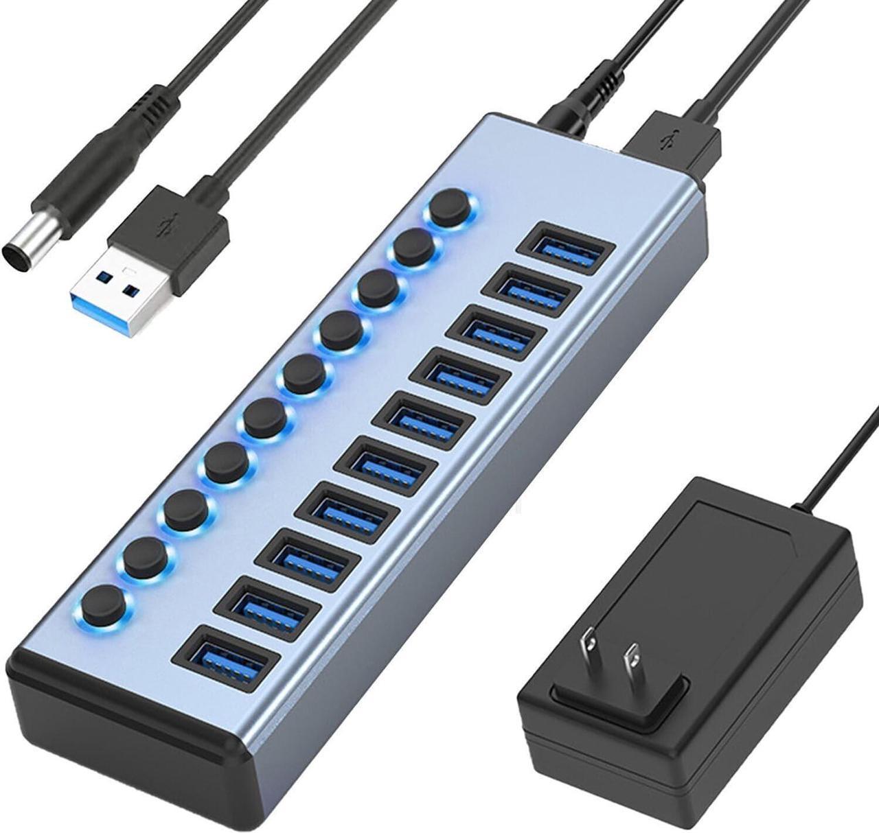 Powered USB Hub 3.0, 10-Port Aluminum USB 3.0 Hub Splitter (Support Smart Charging + Faster Data Transfer) with Individual LED On/Off Switches Powered Hub 3.0 for PC, Laptop (with US Power Adapter)