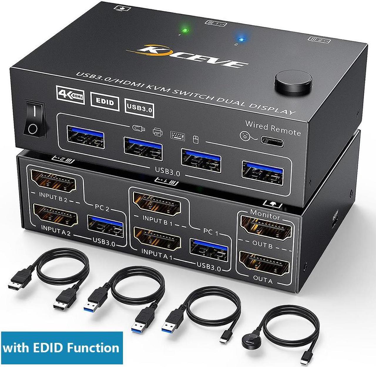 HDMI KVM Switch 2 Computers 2 Monitors, Dual Monitor HDMI USB 3.0 KVM Switcher 2 in 2 Out , 4K@60Hz HD Resolution, Support Copy and Extended Display, with EDID Function to Keep Window in Right Place