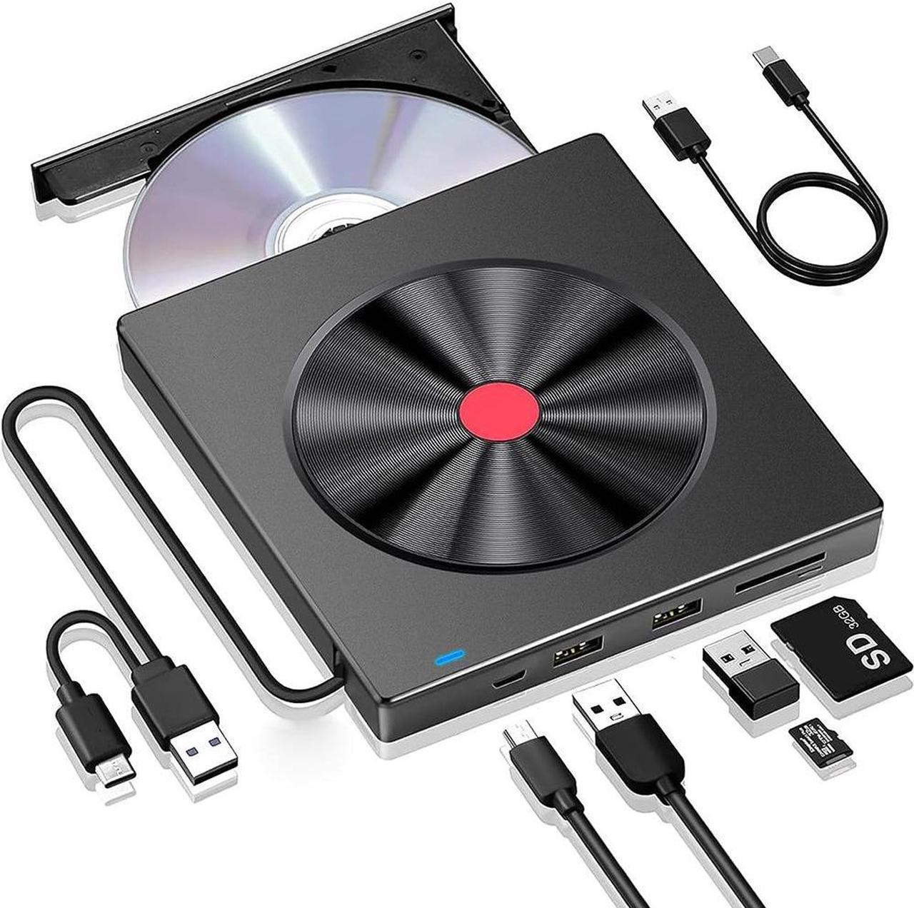 Multifunctional External CD DVD Drive, CD Drive USB 3.0 Type C Portable CD/DVD ROM +/-RW Burner Rewriter with SD TF Slot & USB Ports, Slim DVD Player for Laptop Desktop PC Mac-Book Windows Linux MacOS