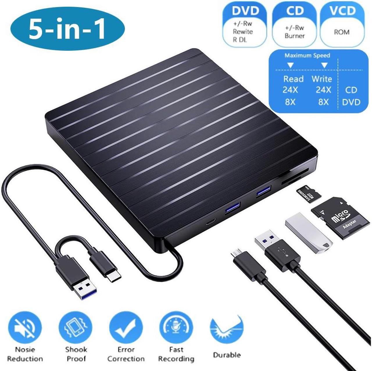 [5-in-1] External CD DVD Drive, USB 3.0 & Type-C Portable DVD/CD+/-RW Burner with USB Hub & SD/TF Slot, External DVD Drive for Laptop/Desktop Windows 11/10/8/7/XP/Vista/Linux/MacOS