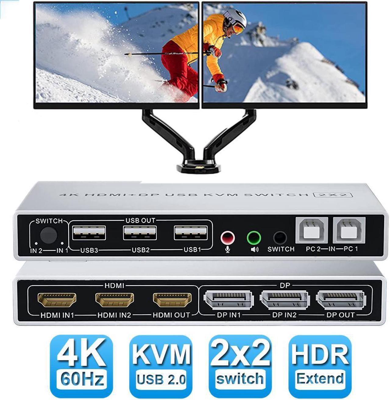 Dual Monitor DisplayPort HDMI KVM Switch 4K @60Hz, 2-Port Extended Display 2 in 2 Out Displayport and HDMI KVM Switch 2 Computers2 Monitors , with 3xUSB, Audio Port, Included 2xUSB Cables, Controller