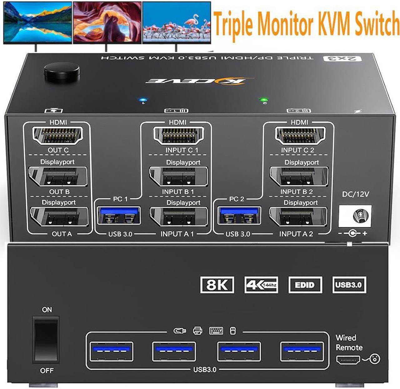 2 Displayport + HDMI 3 Monitor KVM Switch USB 3.0, 8K @60Hz 4K@144Hz Triple Monitor KVM Switch for 2 Computer Share 3 Monitor and 4 USB 3.0 Port Keyboard Mouse, Wired Remote and 5 Cables Included