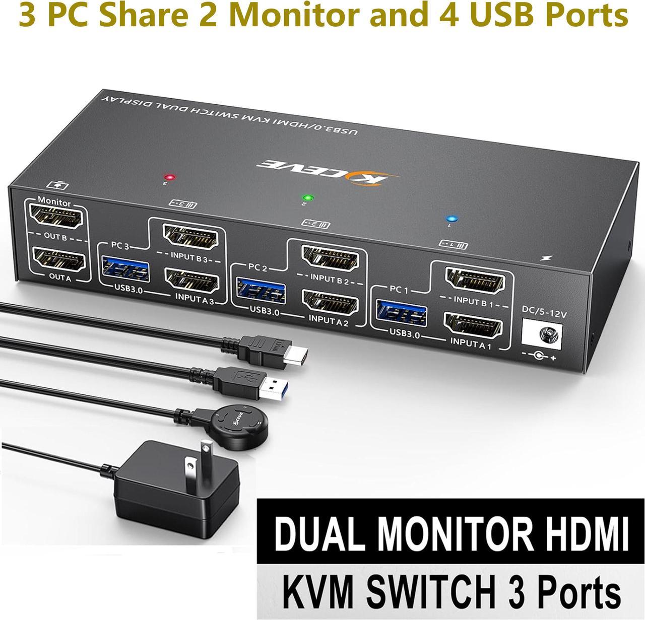 USB 3.0 HDMI KVM Switch for 3 PC 2 Monitors, EDID Emulator, 4K@60Hz Extended Display, HDMI2.0 Dual Monitor KVM Switch for 3 PC Share Keyboard, Mouse, Printer USB Device, with Wired Remote and 5 Cables