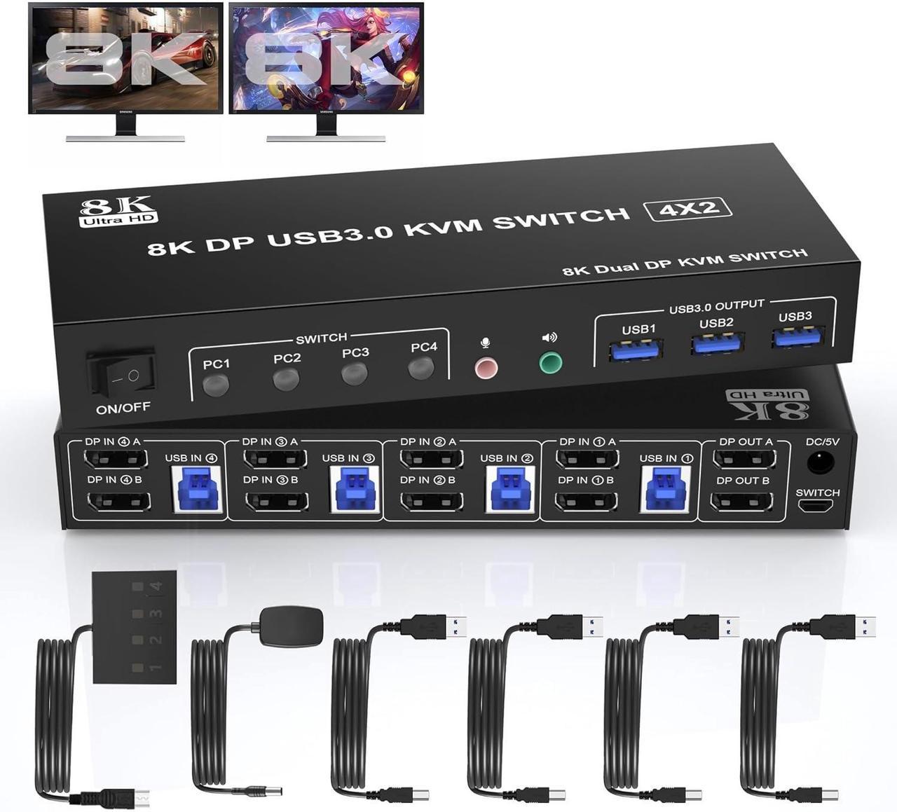 8K@60Hz Displayport USB 3.0 KVM Switch 2 Monitors for 4 Computers, DP1.4 KVM Switch 4 Port with Audio Microphone Output and 3 USB 3.0 Ports, 8K DP Monitor KVM Switch for 4 PCs 2 Monitors