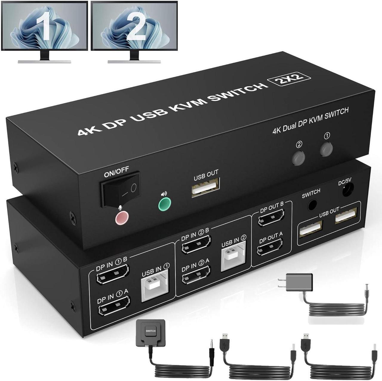 Dual Monitor DisplayPort KVM Switch 2 in 2 Out, 4K@60Hz Extended Display, 2 Computers 2 Monitors Displayport KVM Switch with Audio Microphone Output and 3 USB Ports, PC Monitor Keyboard Mouse Switcher