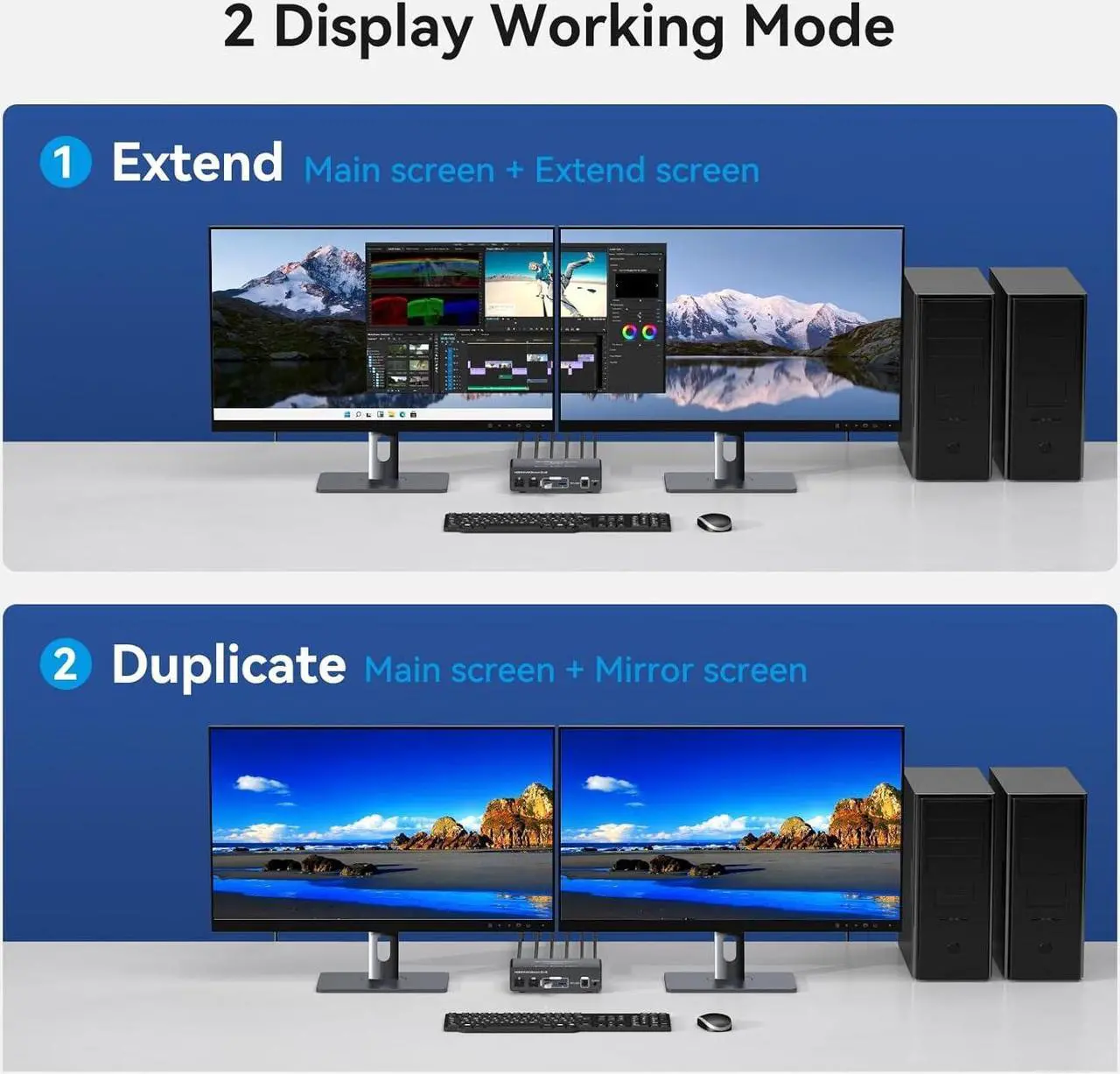 Alt view image 3 of 7 - 2 Port Dual Monitor DisplayPort KVM Switch 2 in 2 Out, 8K60Hz 4K120Hz Displayport KVM Switch for 2 Monitors 2 Computers Shared 4 USB Device Support DP1.4 With USB3.0 to USB C Cable - Aluminium