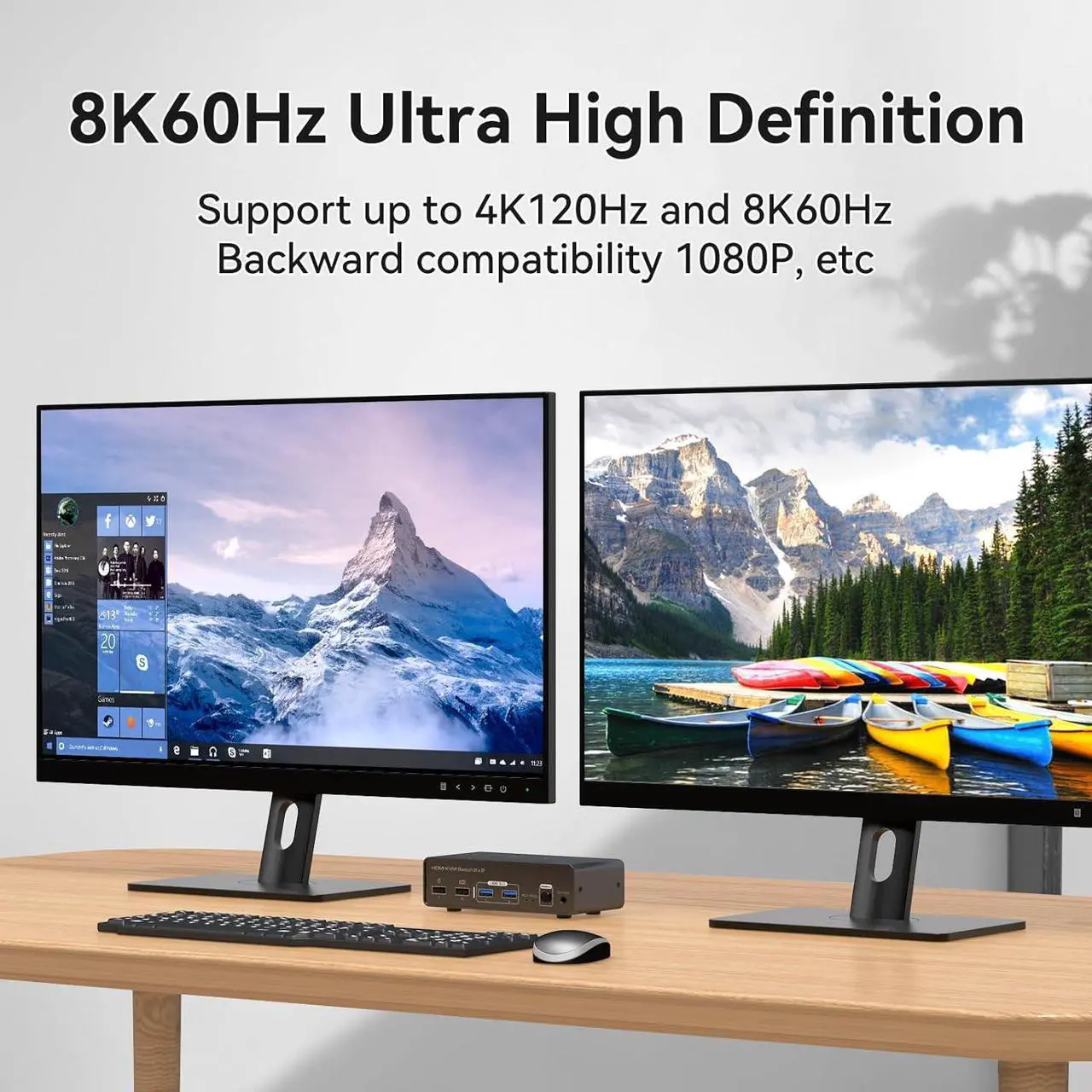 Alt view image 5 of 7 - 2 Port Dual Monitor DisplayPort KVM Switch 2 in 2 Out, 8K60Hz 4K120Hz Displayport KVM Switch for 2 Monitors 2 Computers Shared 4 USB Device Support DP1.4 With USB3.0 to USB C Cable - Aluminium