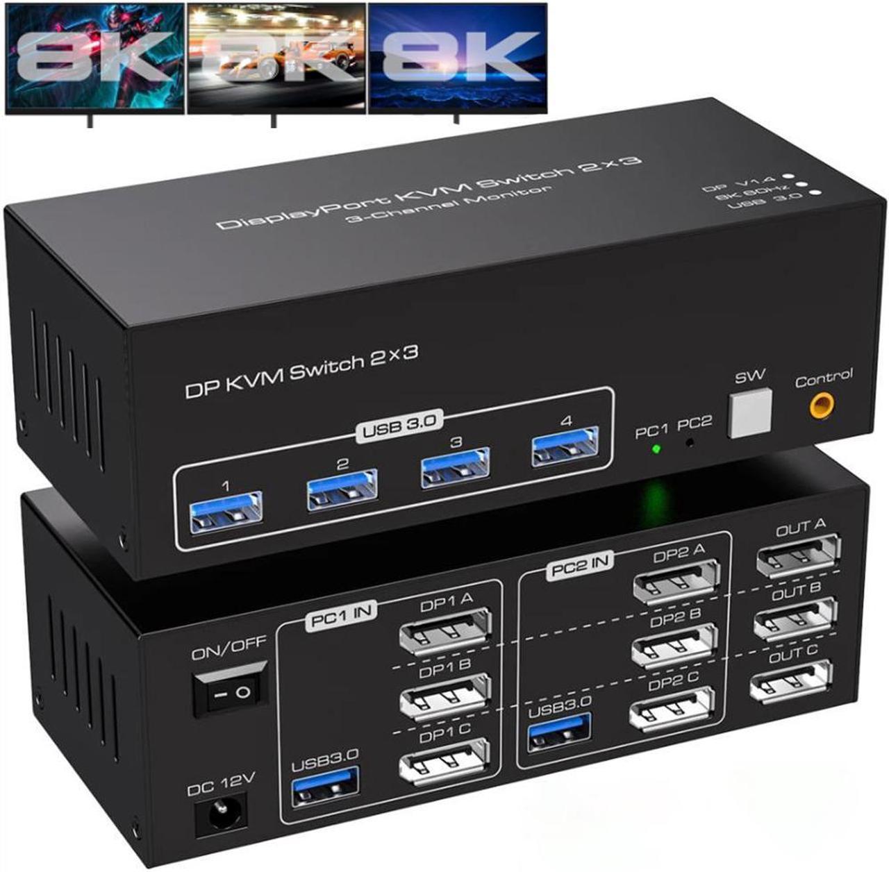 8K Displayport USB 3.0 KVM Switch 3 Monitors 2 Computers, DP1.4 Triple Monitor Displayport KVM Switch with 4 USB 3.0 Ports, 8K@60Hz 4K@144Hz DP KVM Triple Monitor Keyboard Mouse Switcher