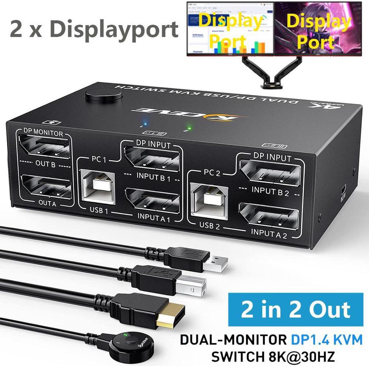 2 Port Displayport KVM Switch Dual Monitor, 8K@30Hz DisplayPort1.4 KVM Switch 2 in 2 Out, DP Extended Display KVM Switch for 2 Computers Share 2 Monitors and 4 USB 2.0 Ports, Wired Remote and 4 Cables