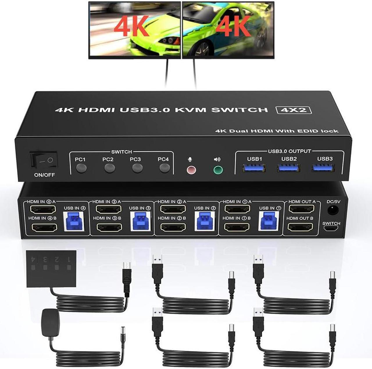 USB 3.0 HDMI KVM Switch 2 Monitors 4 Computers, 4K@60Hz HDMI Dual Monitor KVM Switch for 4 PCs with Audio Output and 3 USB 3.0 Ports, 4 Port HDMI KVM Switch Input Supports EDID Emulators