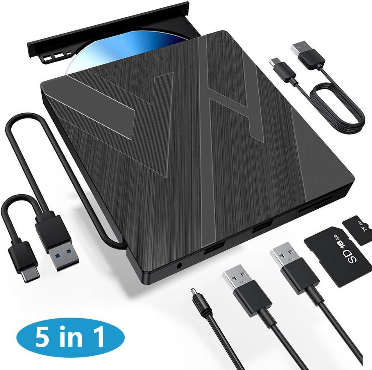 [5 in 1] External CD DVD Drive, USB 3.0 Type C CD/DVD ROM Burner CD DVD +/-RW Optical Disk Drive Reader with 2 USB and TF/SD Slots Slim Portable Writer Player for Windows 11/10/8/7 Linux MacOS (Black)