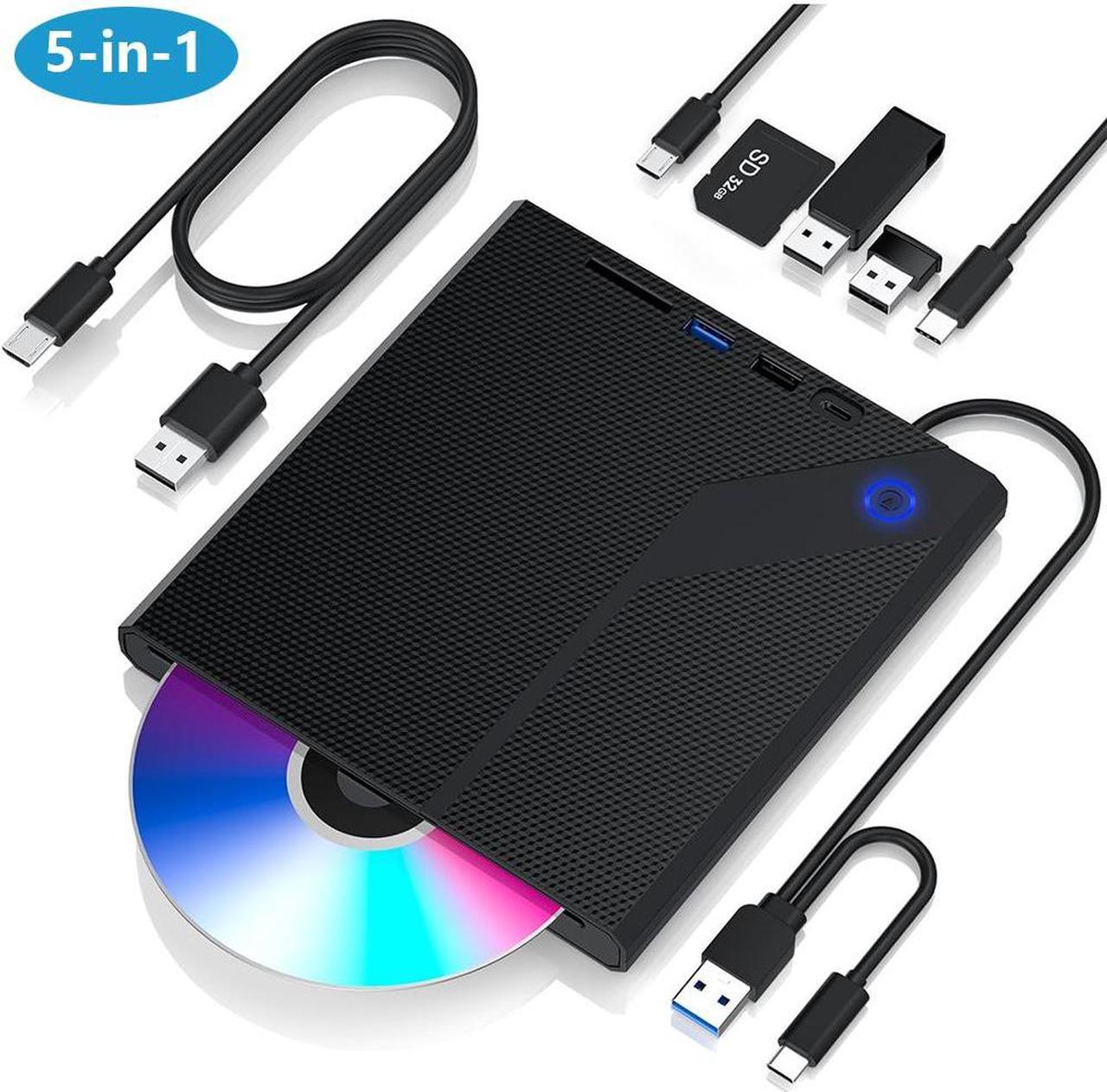 5 in 1 External CD/DVD Drive for Laptop, Slot in CD ROM Burner Drive, USB 3.0 Type C DVD Player Mute Portable CD/DVD Burner Writer External Disk Optical Drive Compatible with Windows, Linux, MacOS