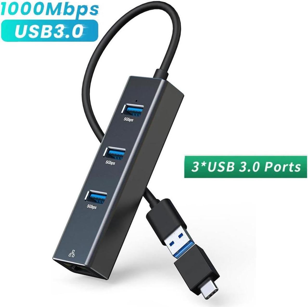 USB 3.0 to Ethernet Adapter, 4-in-1 USB 3.0 Hub with Ethernet Adapter, 3 Ports USB 3.0 Ethernet Hub with RJ45 1000Mbps Gigabit Ethernet Connection, USB Network Adapter with USB C Adapter for Laptop