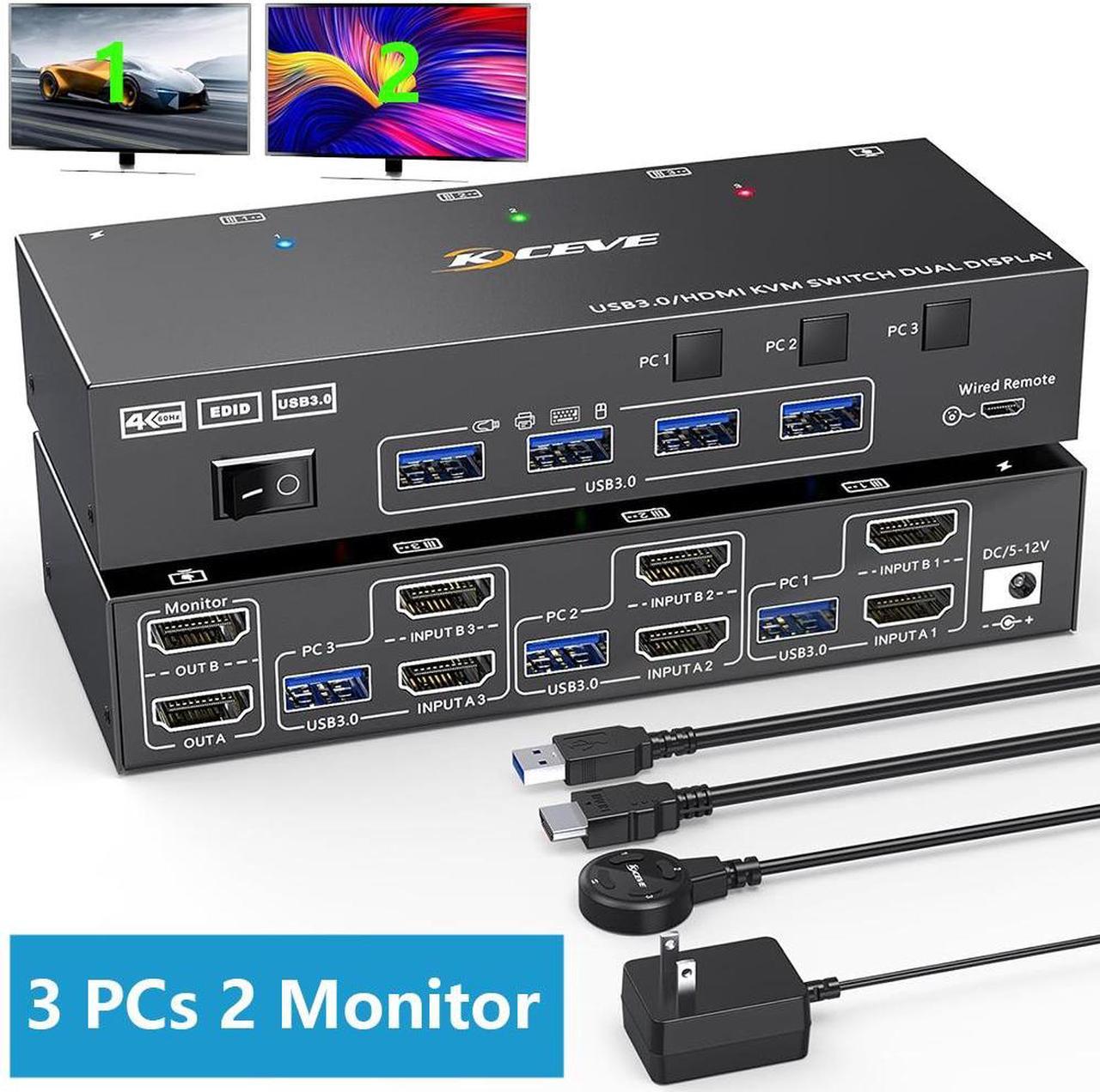 HDMI KVM Switch 2 Monitors 3 Computers 4K@60Hz, EDID Emulator, Dual Monitor HDMI KVM Switch with 4 USB 3.0 Ports for 3 Computers Share 2 Displays and Keyboard Mouse, Wired Remote and 5 Cables Included