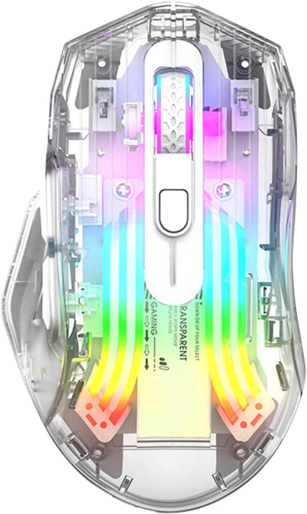 Wireless Gaming Mice with Transparent Crystal Shell, Tri-Modes (USB Wired + 2.4G Wireless+ Bluetooth), Silent Click, Rechargeable Wireless Mouse with RGB Backlit- White