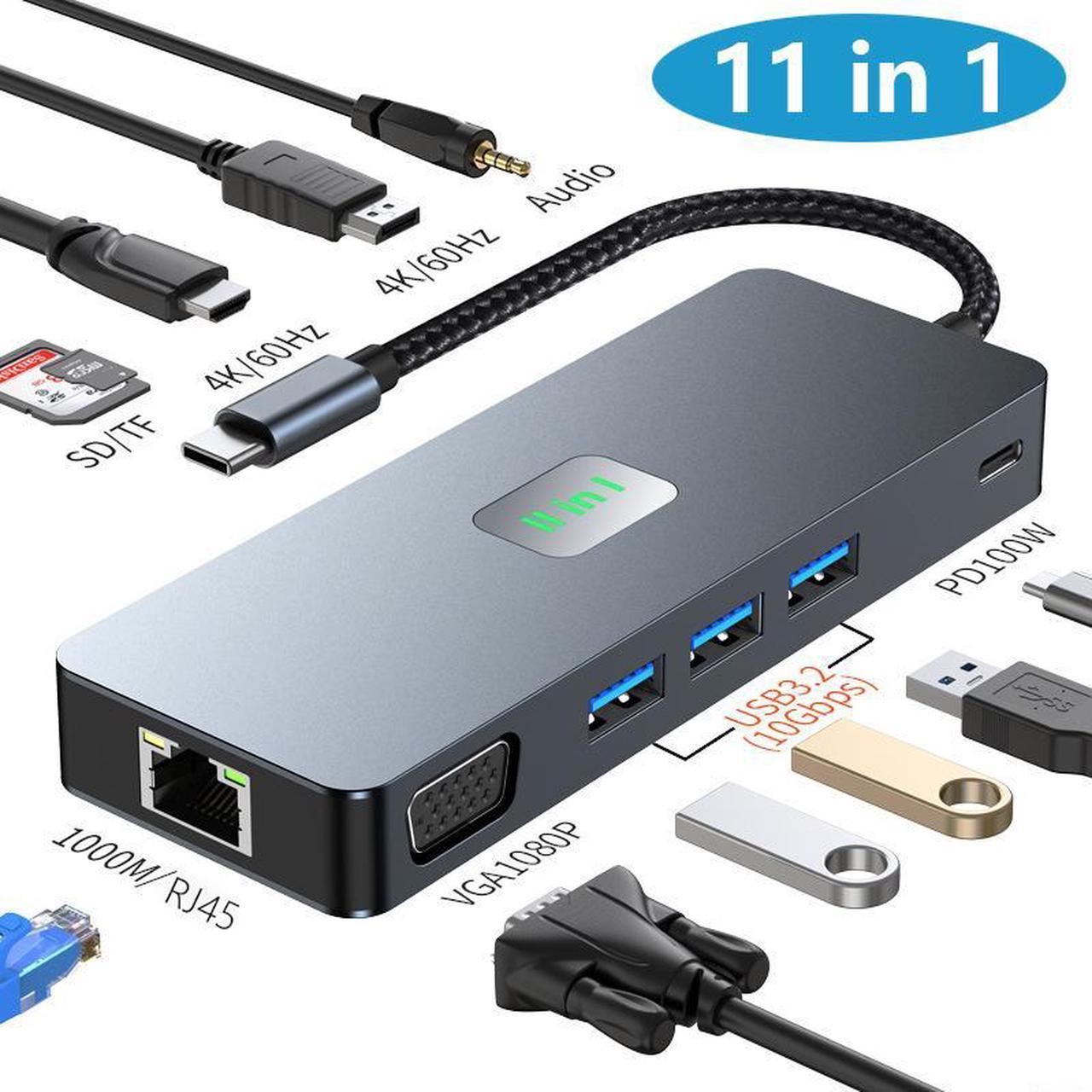 Type C Docking Station for Laptops, 11 in 1 USB C Docking Station 3 Monitors to 4K HDMI, VGA, DP, USB C Hub Multiport Adapter to 3 * 10Gbps USB 3.2, 1000M Ethernet, PD 100W, SD/TF for Laptops