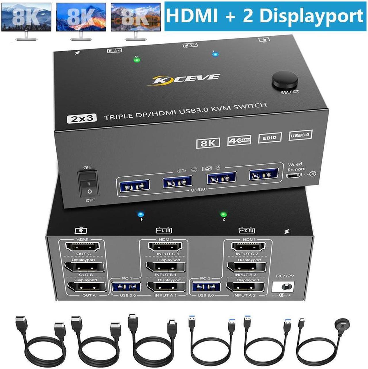 KVM Switch 3 Monitors 2 Computers,Triple Monitors KVM Switch 2 DisplayPort + HDMI 3 Ports 8K@60Hz 4K@144Hz Extended Display, KVM Switches with 4 USB 3.0 Ports for Keyboard, Mouse, U-Disk and Printer