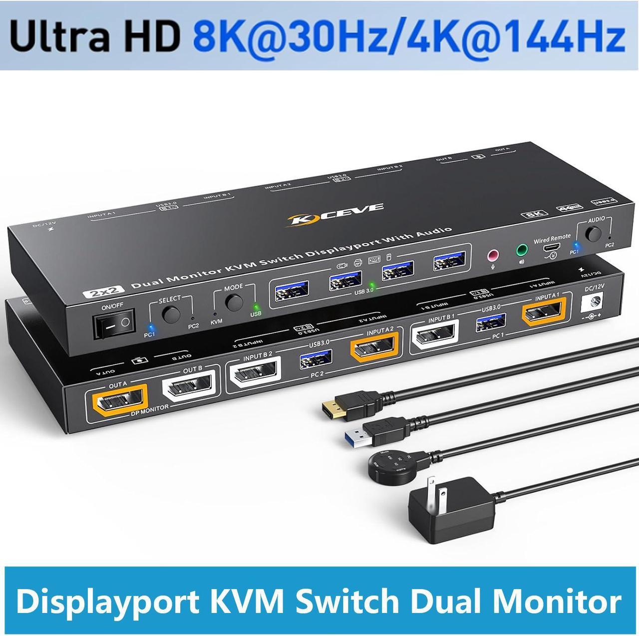 Displayport KVM Switch, 2x2 Dual Monitor Displayport KVM Switch for 2 Computers 8K@30Hz/4K@144Hz Extend Display Support KVM Mode and USB Mode with Voice Control and Remote Control Include KVM Cables