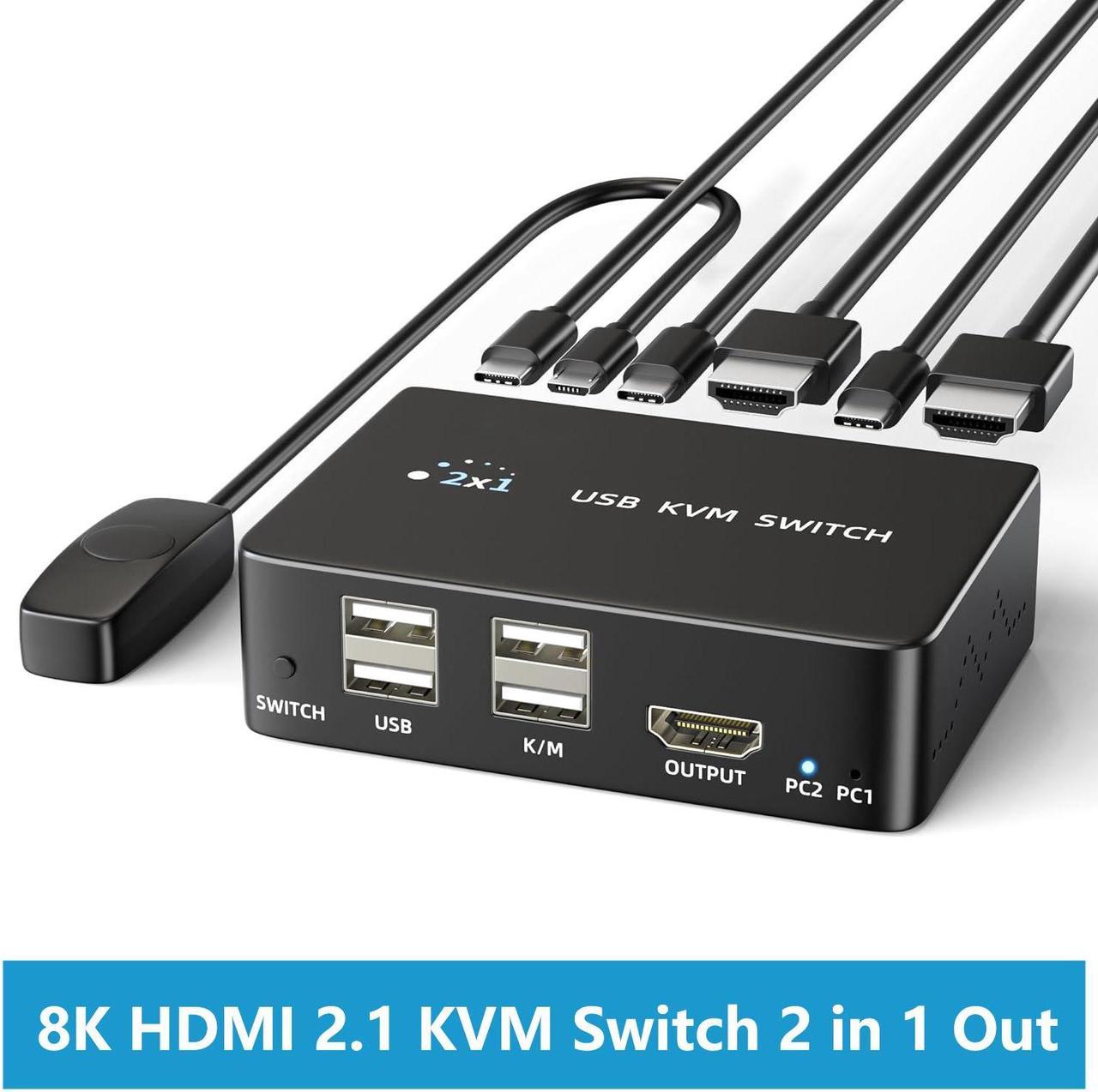 8K@60Hz HDMI 2.1 USB KVM Switch 1 Monitors 2 Computers, 4K@120Hz USB switcher HDMI KVM Switch 2 in 1 Out with Remote and 4 USB 2.0 Port, 2 USB Cables and 1 Desktop Controller for Work or Entertainment