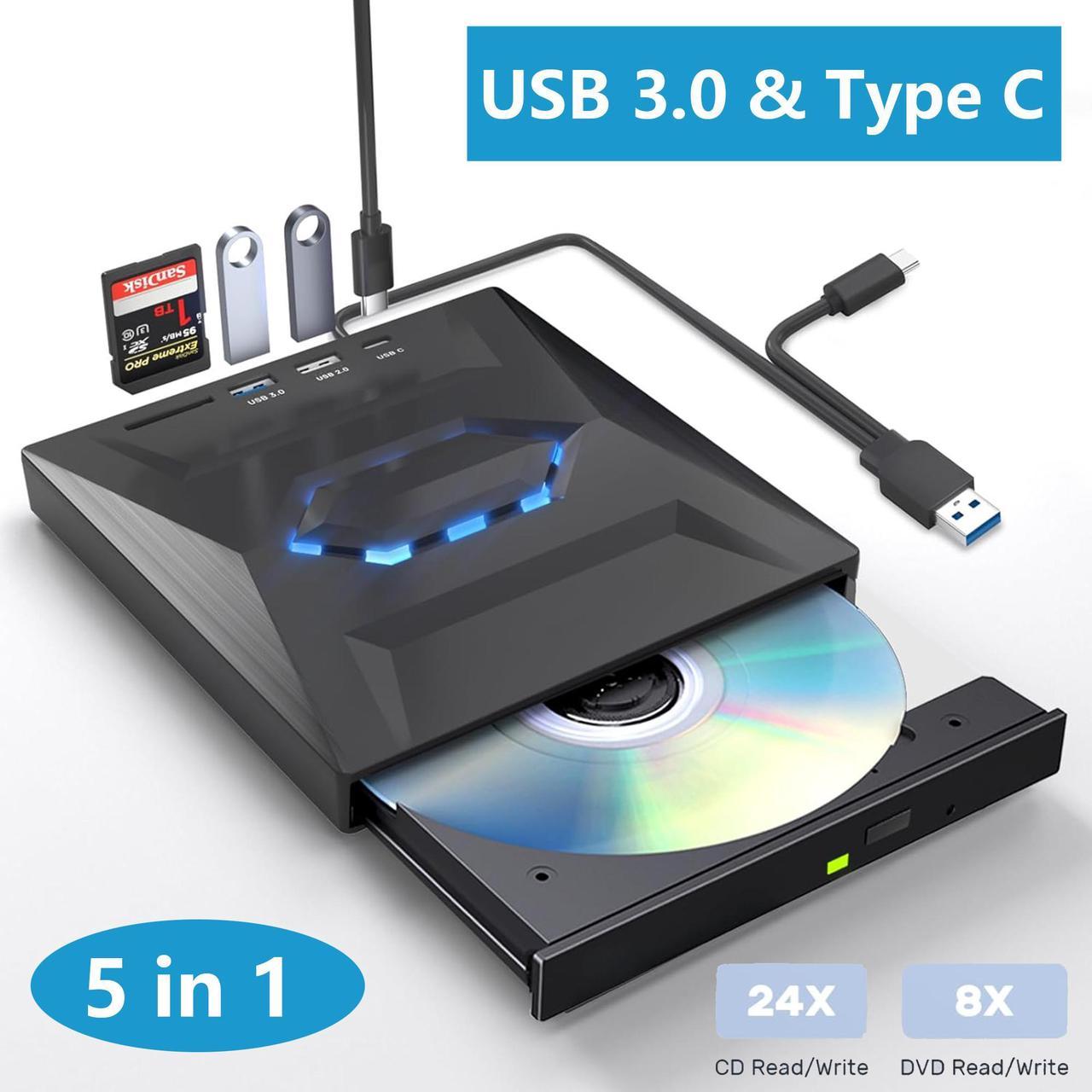 [5 in 1] External CD DVD Drive, DVD Player CD Burner with USB 3.0+2.0+USB-C Port&SD Card Reader, Portable DVD & CD-ROM +/-RW Optical Disk Drive Writer for Laptop Desktop PC Windows Mac Linux Computer