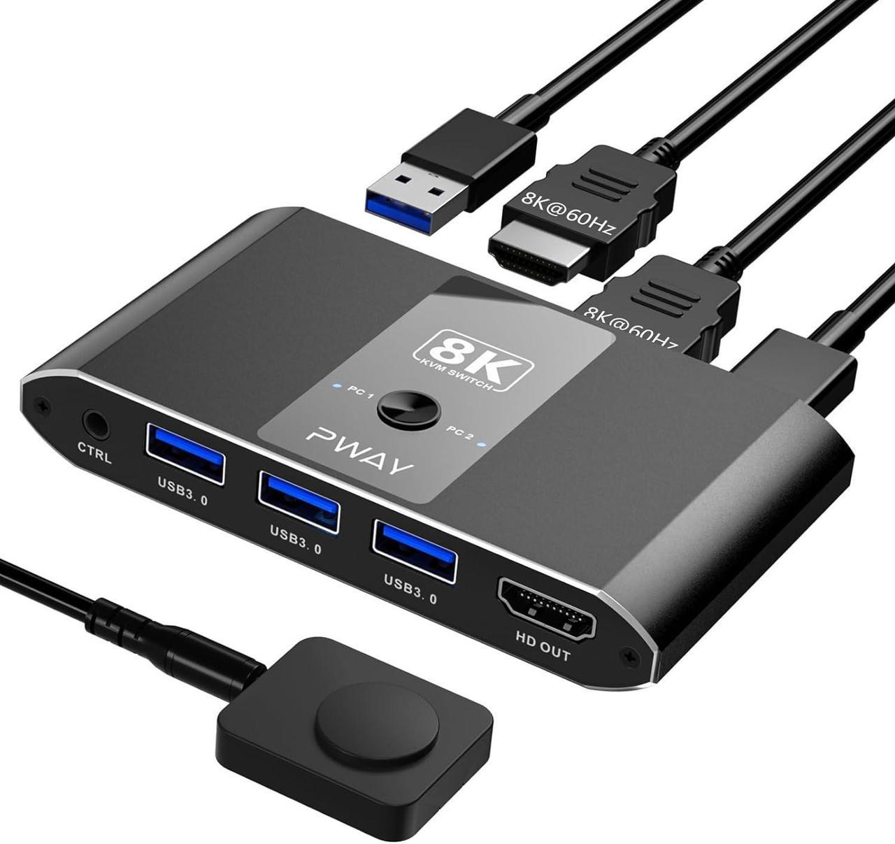 2 Port 8K HDMI KVM Switch Box, USB 3.0 USB and HDMI Switch Selector for 2 Computers Share Keyboard Mouse Printer and One Monitor, HDMI KVM Switch 2 in 1 Out Support UHD 8K@60Hz with Remote Controller