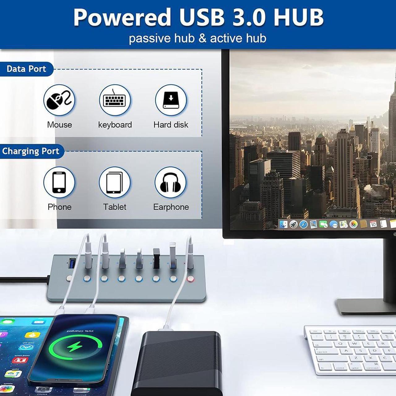 Powered USB 3.0 Hub, 8 Port USB C to USB 3.0 hub Splitter with Smart Charging Port, Multi USB 3.0 Port Expander with Individual Switches & LED, Power Adapter for Laptop, PC, MacBook, Phones