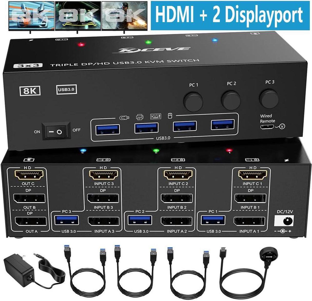 [HDMI + 2 DP] Triple Monitor KVM Switch 3 Computers 3 Monitors, HDMI + 2 Displayport USB 3.0 KVM Switch with 3 PC Share 3 Display and 4 USB 3.0 Devices, Wired Remote and 12V power adapter Included