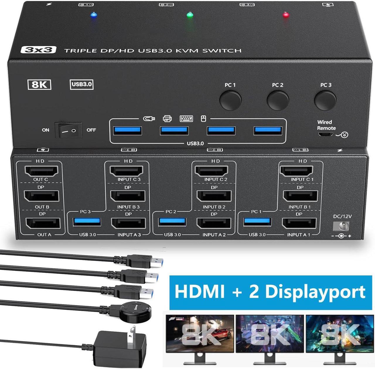 Triple Monitor KVM Switch for 3 Computers, HDMI 8K@60Hz/4K@120Hz, DP 8K@30Hz/4K@144Hz,1 HDMI & 2 DisplayPorts KVM Switches 3 PC 3 Monitors with 4 USB 3.0 Ports - Wired Remote & 3 USB Cables Included