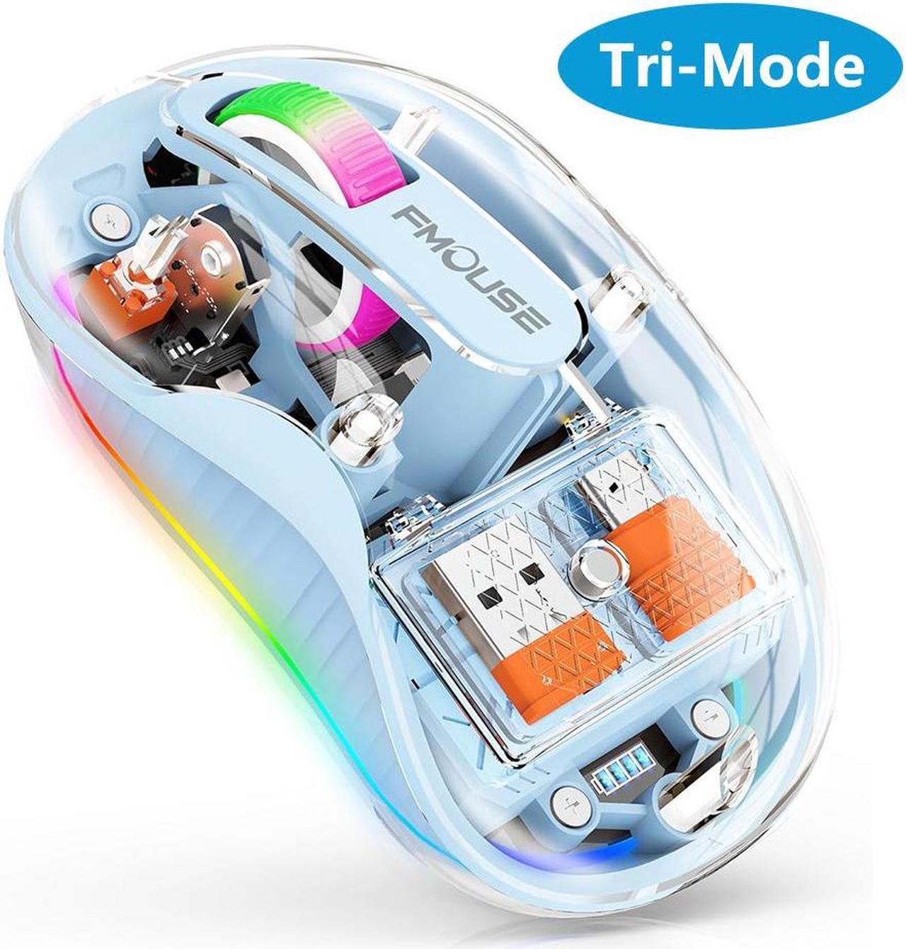 Bluetooth Wireless Mouse, Computer Mouse for Laptop/Desktop PC, Silent Mouse with RGB Lights, 5.1 Bluetooth Mouse, Dual Bluetooth + USB & Type-C 2.4G 2400 DPI, Transparent Mouse for Home Office Blue