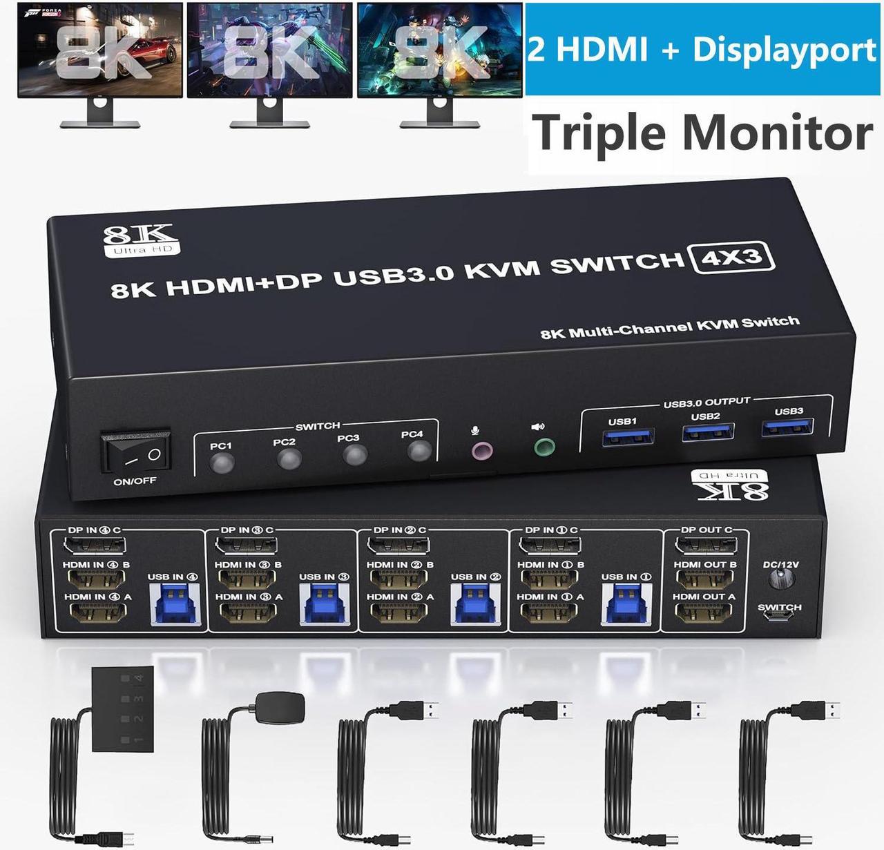 KVM Switch 3 Monitors 4 Computers 8K@60Hz 4K@144Hz, 2 HDMI +1 DisplayPort Triple Monitor KVM Switch for 4 Computer with Audio and 3 USB 3.0 Ports, USB 3.0 KVM Triple Monitor Keyboard Mouse Switcher