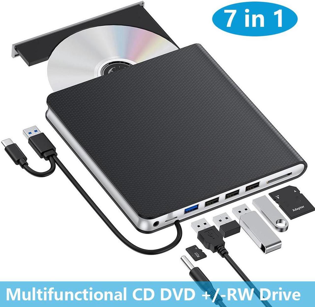 External CD DVD Drive for Laptop, [7 in 1] USB 3.0 & Type C CD Burner External DVD Drive Portable DVD Player with 4 USB and TF/SD Slots,Slim External CD Drive Compatible with Windows Linux MacOS