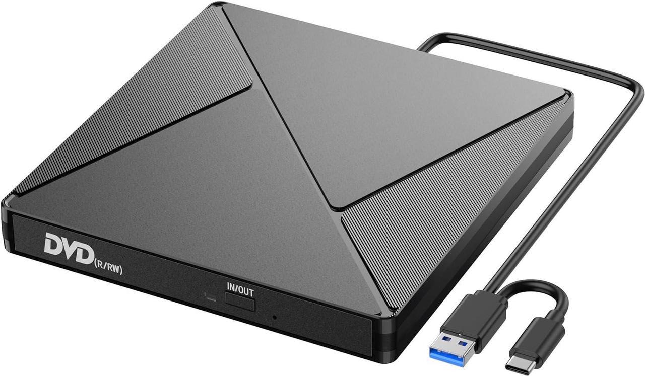 External CD/DVD Drive for PC, USB 3.0 & USB-C Portable Optical Drive External DVD Burner CD/DVD -/+RW Drive, Slim DVD Player Fast Transmission Built-in USB Cable for Windows/MacOS/Laptop/Desktops