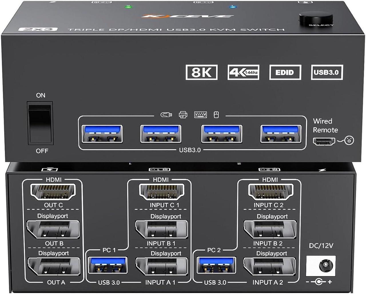 KVM Switch 3 Monitors 2 Computers 8K@60Hz 4K@144Hz, 2 Displayport + HDMI USB 3.0 KVM Switch Triple Monitor with 4 USB 3.0 Port for Keyboard Mouse, Wired Remote,Power Adapter and 5 Cables Included