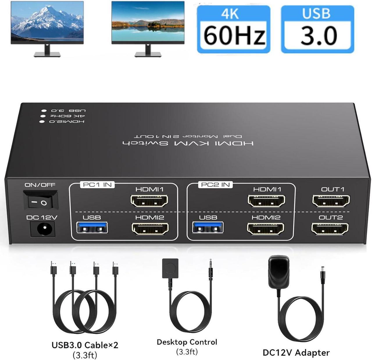 AUTYUE Dual Monitor HDMI KVM Switch, 2 Port HDMI KVM Switch Support 4K@60Hz USB 3.0 KVM Switches for 2 Computers Share 2 Monitors and 4 USB 3.0 Ports Such as Keyboards, Mice Printers and U Disk