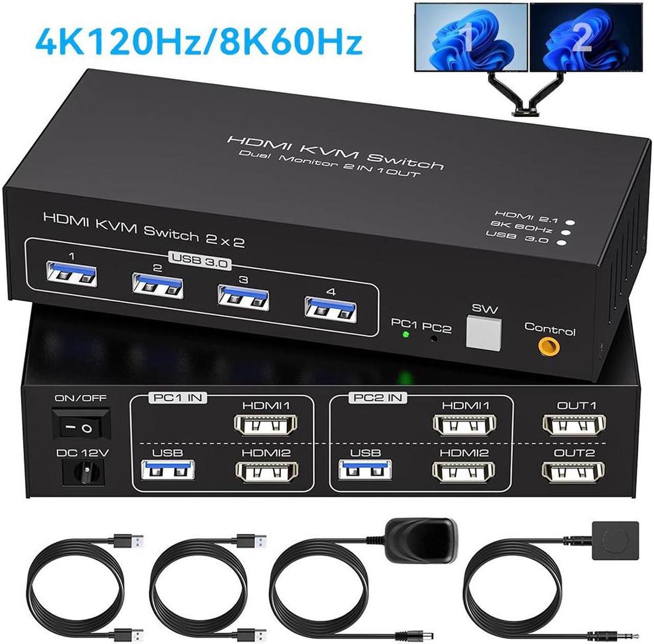 8K@60Hz HDMI Dual Monitor KVM Switch 2 Monitors 2 Computers 4K@120Hz, USB 3.0 Extended Display KVM switcher with 4 USB 3.0 Ports, HDMI KVM Switch Wired Controller 12V DC Adapter 2 USB Cables Included