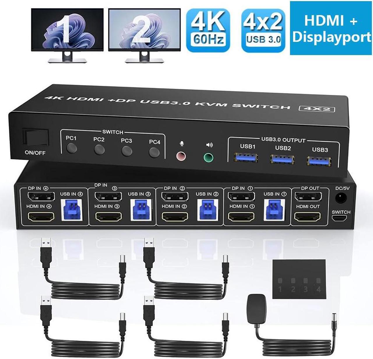 AUTYUE 4K@60Hz Displayport + HDMI Dual Monitor KVM Switch 4PCs, USB 3.0 KVM Switch 2 Monitors 4 Computers, with Audio Microphone Output and 3 USB 3.0 Ports, HDMI+DP Monitor Switch for 4 PCs 2 Monitors