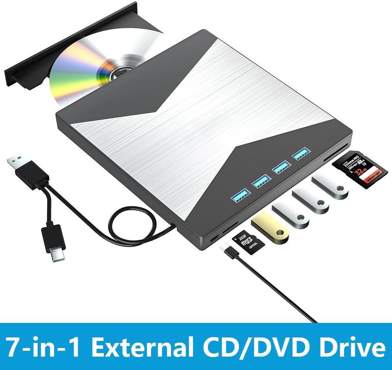 AUTYUE 7 in 1 External DVD CD Drive, Portable DVD Player for Laptop USB 3.0 & Type-C, CD/DVD +/-RW Disk Drive, CD/DVD Burner CD ROM External Drive for Laptop Desktop PC Windows 7/8/10/XP Linux MacOS